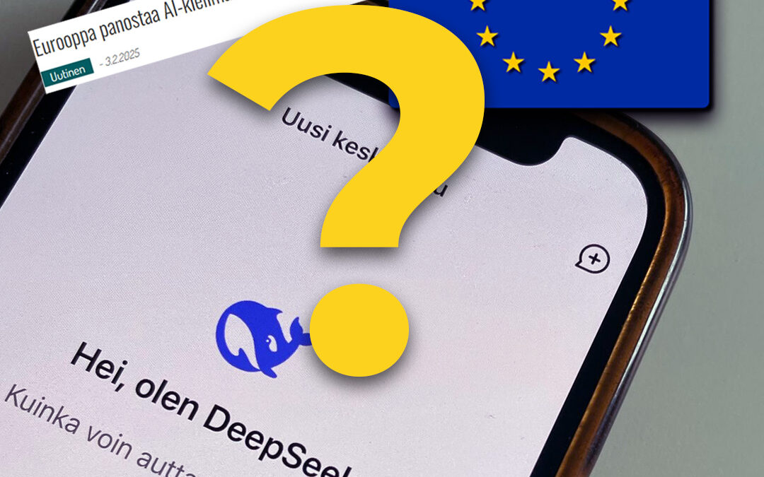 Kuvassa on DeepSeek-sovellus puhelimen näytöllä, suuri keltainen kysymysmerkki sekä EU-lippu ja otsikko avoimen lähdekoodin AI-kielimalleista.